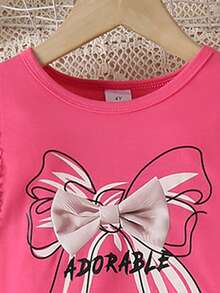 2 pezzi/set Ragazza giovane Maglietta casual con stampa farfalla + Pantaloni larghi con stampa simil-jeans, leggeri e confortevoli, adatti per uso esterno - Fucsia - Visualizzare 3