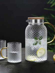 1个高硼硅玻璃果汁/饮料壶，带竹钢盖，米粒纹理冷水壶，大容量茶壶，厨房用具 - 彩色 - 查看 4
