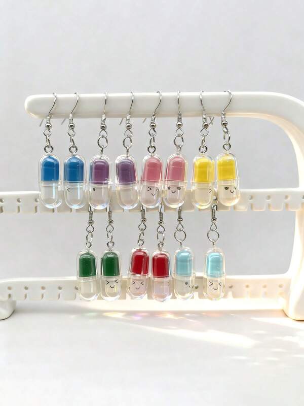 7pcs/Set Cute Cartoon Capsule Shaped Colorful Personalized Acrylic Earrings, Versatile For Daily Wear Or Party, Creative Small Gift