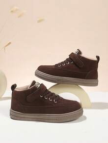 Children's Winter Boots, Brown Suede High-Top Snow Boots, Suitable For Boys And Girls, Warm-Foamed Ankle Boots With Laces And Hook And Loop, Non-Slip Rubber Sole, Waterproof And Windproof, Stylish Casual Shoes Perfect For Cold Days, Outdoor Activities, School, And Daily Wear, With A Comfortable And Durable Design To Keep Little Feet Warm And Protected In Winter.