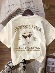 Playera femenina casual estilo retro estampado cóctel print texto colorido corte holgado cuello redondo manga corta primavera verano uso diario camiseta - Beis - Ver 2