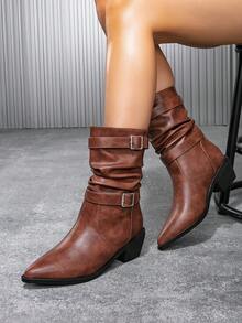 Women's New Fashion Mid-Calf Boots, Autumn/Winter New Wide Shaft Buckle Motorcycle Boots, Vintage Wedge Heel Riding Boots, Internal Heightening Mid-Calf Pleated Boots, Mid-Heel Pointed Toe Slip-On Boots, Western Style Buckle Festival Party - Brown - View 11