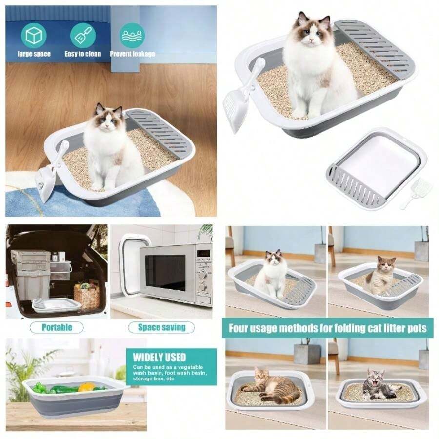 Caja de para gatos para viajes, 18x 14 pulgadas, color gris, pequea para bandeja de abierta, plegable, impermeable, fcil de limpiar y montar, caja de porttil con cuchara - Gris - Ver 1