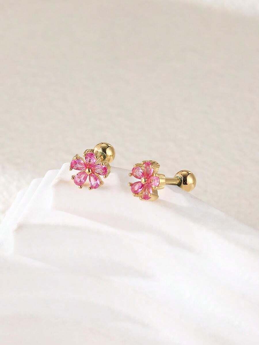 2pcs Fashionable And Lovely Flower & Cubic Zirconia Ear Studs For Women's Pierced Ears Valentines,Mom,Mother,Mother's Day,Gift - Multicolor - View 1