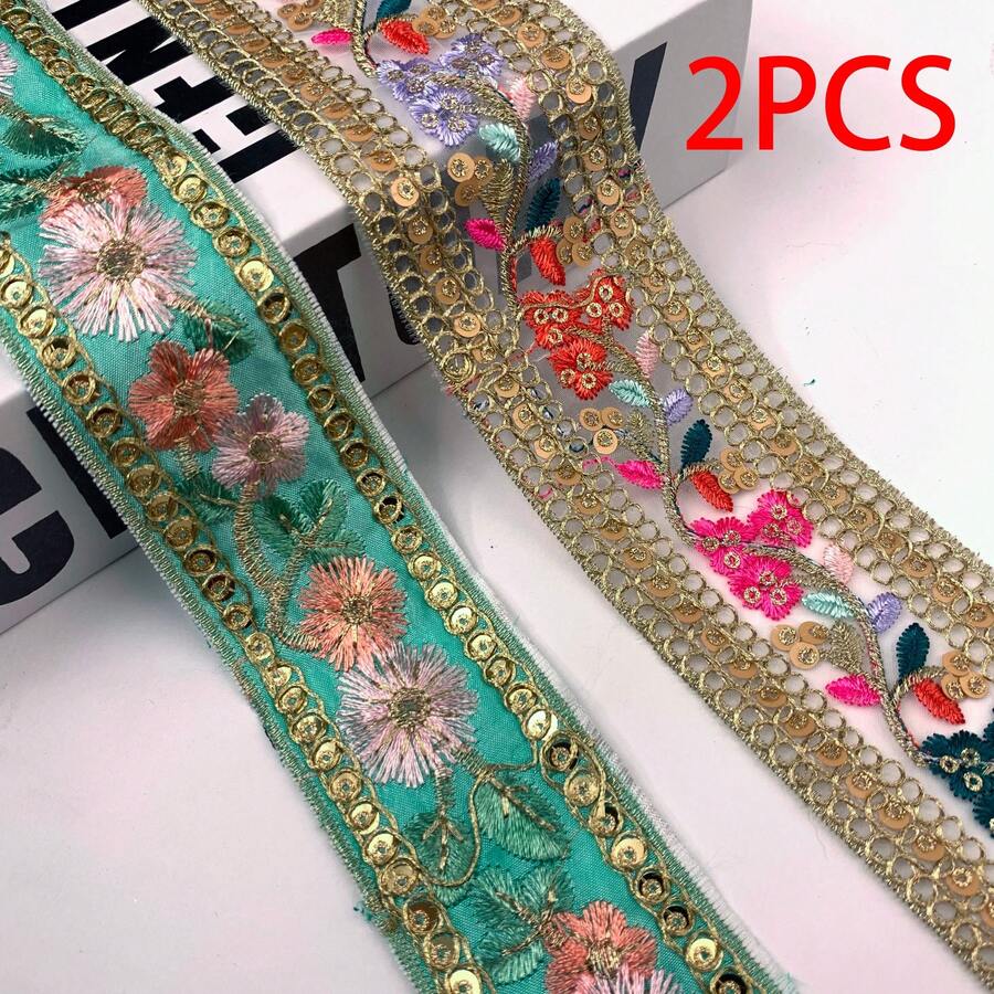 1条花卉刺绣蕾丝缎带，2/10码布料饰边，适用于DIY手工、缝纫用品、家居装饰、礼品包装 - 金色和绿色，蕾丝缎带 - 綠色+金色 - 查看 1