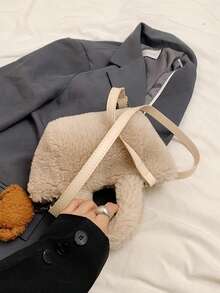 时尚毛绒手提购物篮包，新款秋冬单肩包，配有可爱小狗吊坠，适合女孩 - A - 查看 7