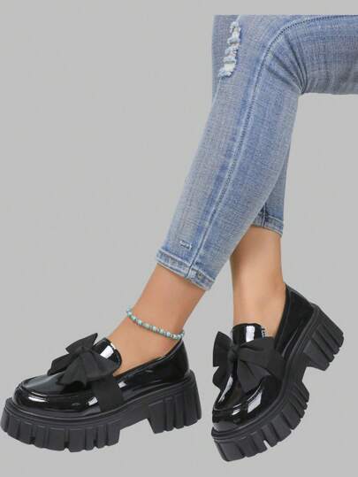 DareSee 2025 New Round Toe Bow Non-Slip Thick Bottom Mid-Heel Loafers, Women British Style Slip On Casual Shoes New Music Fest Y2KFest Back To School Autumn Christmas Christmas Winter Christmas Gifts