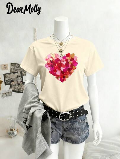 DEAR MOLLY 加大码女式心形印花宽松圆领短袖 T 恤，适合家庭聚会、户外、四季穿着
