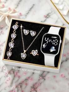 6件套可爱休闲LED太空元素数字显示手表，硅胶表带，附赠首饰套装（手链、项链、戒指、耳环），适合作为学生礼物，完美适用于学校、派对、旅行、生日、毕业典礼和日常佩戴。 - 彩色 - 查看 13