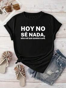 Women's Black Casual Short Sleeve T-Shirt With Spanish Slogan And Geometric Pattern - Round Neck Spring Summer Vacation Top, Machine Washable Regular Fit T-Shirt, Comfortable Fabric, Fashion , Lightweight Printed T-Shirt, Exclusive For Street Style Enthusiasts