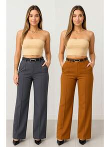 Kit 2 Women's Tailored Trousers With Belt - 灰色/焦糖色 - 查看 2