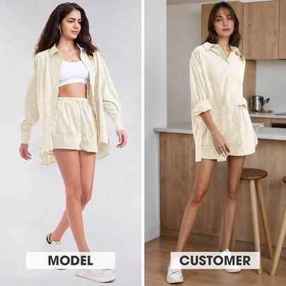 EXLURA - Conjunto de 2 piezas para mujer, de manga larga con botones, conjunto corto a juego, pijama de gran tamaño