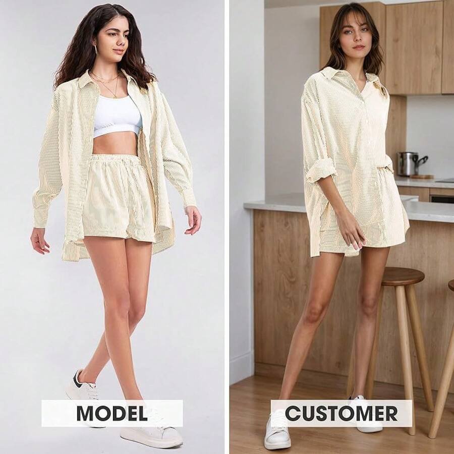 EXLURA - Conjunto de 2 piezas para mujer, de manga larga con botones, conjunto corto a juego, pijama de gran tamaño - Caqui - Ver 1