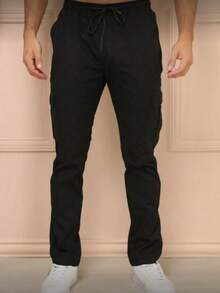 Men's Twill Jogger Pants With Elastic Waistband - 黑色 - 查看 2