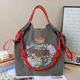 1 pieza Bolso de tela de nailon ligero con bordado de conejo de dibujos animados, versátil y de moda, bolso plegable para compras y transporte