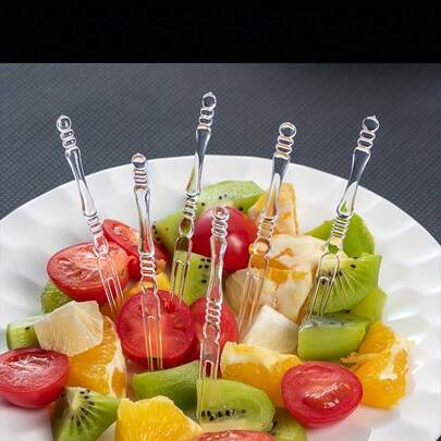 1 Pack (100 Pieces) Disposable Mini Plastic Fruit Forks – Transparent Crystal-Textured Two-Tine Forks, Cocktail Picks For Bars And Parties, Suitable For Fruits, Appetizers And Desserts, Cake Dessert Picks With Bamboo Joint Design, Suitable For KTV, Bars And Parties
