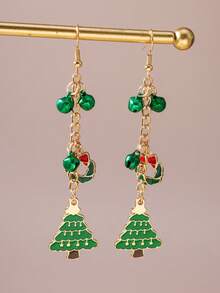 1 Pair Fashionable Alloy Flower Wreath & Christmas Tree Earrings, Dangle Earrings For Women Daily Wear - Green - View 3