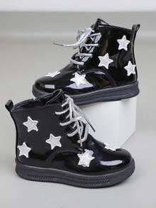 1 Pair Girls' New Five-Pointed Star Decor Flat Bottom Boots, Shock Absorption Anti- Infant Boots, Fashion Versatile Side Zipper Children Outdoor Ankle Boots, Suitable For Autumn/Winter - Black - View 2