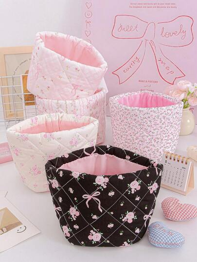 1pc Super Beautiful Floral Pattern Desktop Storage Basket, Desktop Sundries Storage Basket, Lipstick Makeup Brush Skincare Storage Basket, Desktop Ornaments, Cosmetics Storage Box, Used To Store And Organize Brushes And Skincare Products, Desktop Decoration, Earphone Lipstick Storage, Portable Picnic Basket, Stationery Storage Basket,