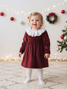 BOARNSEORL Baby Girls Velvet Dress With Contrast Color Ruffle Collar, Long Sleeve Dress, Fashionable & Elegant, Suitable For Autumn/Winter Everyday, Outing, Party, Birthday, Christmas - Burgundy - View 9