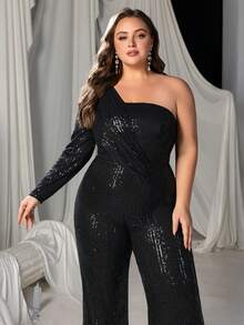 Plus Size Women's Elegant Asymmetric One Shoulder Sequin Decorated Formal Jumpsuit, Wide Leg Design, Slim Fit, Suitable As An Alternative To Formal Evening Gowns For Black Tie Galas, Wedding Guest Attire, Formal Dinners, Opera Nights, Charity Events And Other Occasions - Black - View 5