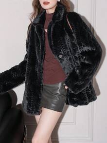Women's Solid Color Faux Fur Zip-Up Front Button Collegiate Jacket, Suitable For Evening Dates In Winter - Black - View 4