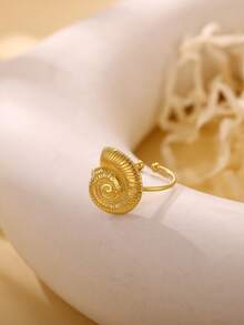 1 pieza Anillo de apertura de concha de moda para mujer, color dorado, de acero inoxidable con diseño geométrico de la serie oceánica, joyería para fiesta en la playa, regalo