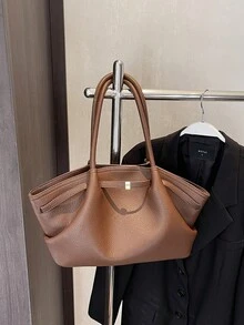 1pc Solid Color PU Leather Shoulder Bag, Women's Vintage Fashion Large Capacity Handbag With Dual Handles And Snap Closure, Suitable For Travel, Shopping, Dating, Women's Gift, Suitable For Teenage Girls, College Students, And Office Ladies, Great For Office, School, Work, Business, Commuting, Outdoor, Travel, Picnic - Coffee - View 5