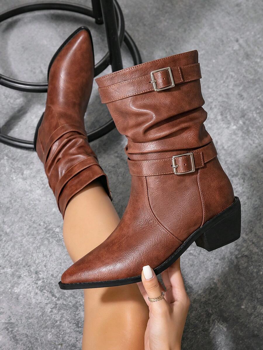 Women's New Fashion Mid-Calf Boots, Autumn/Winter New Wide Shaft Buckle Motorcycle Boots, Vintage Wedge Heel Riding Boots, Internal Heightening Mid-Calf Pleated Boots, Mid-Heel Pointed Toe Slip-On Boots, Western Style Buckle Festival Party - Brown - View 1