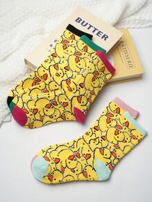 1双黄色水手袜，鸭子图案，休闲中筒袜，适合运动、休闲外出、返校季以及作为圣诞礼物。 - 彩色 - 查看 3
