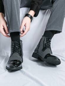 设计师高品质黑白 Barber 秋冬时尚漆皮切尔西靴，正式礼服鞋，印花休闲鞋，舒适复古尖头牛津鞋，绅士高档皮靴，适合新郎和伴郎婚礼服装 - 黑與白 - 查看 4