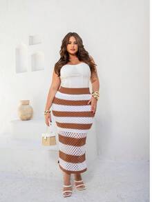Plus Size Midi Skirt With Openwork Fabric In Modal Knit, Elegant, Casual - Beige With White - View 7