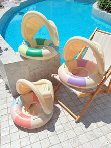 1pc Retro Striped Inflatable Floating Lounge Chair With Detachable Canopy, With Handle/Seat/Pool Float Ring, Suitable For Boys/Girls, PVC Material