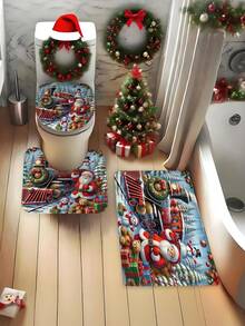 Ensemble de bain de Noël 4 pièces, avec des motifs du Père Noël, du bonhomme de neige et d'un train - Comprend un rideau de douche imperméable avec 12 crochets, un tapis de bain antidérapant, un couvercle de siège de toilette en forme de U et un tapis - Parfait pour la décoration de salle de bain pour les fêtes - Multicolore - Voir 7