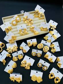 28只装（随机）不锈钢镀金耳环，设计优雅，低过敏性不锈钢耳环套装，送给女性朋友的最佳礼物 - 彩色 - 查看 3