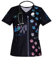 Uniformes de enfermera con cuello en V, manga corta, estampado de perros y huellas de patas, para primavera y verano, con bolsillos para mujeres - Multicolor - Ver 1