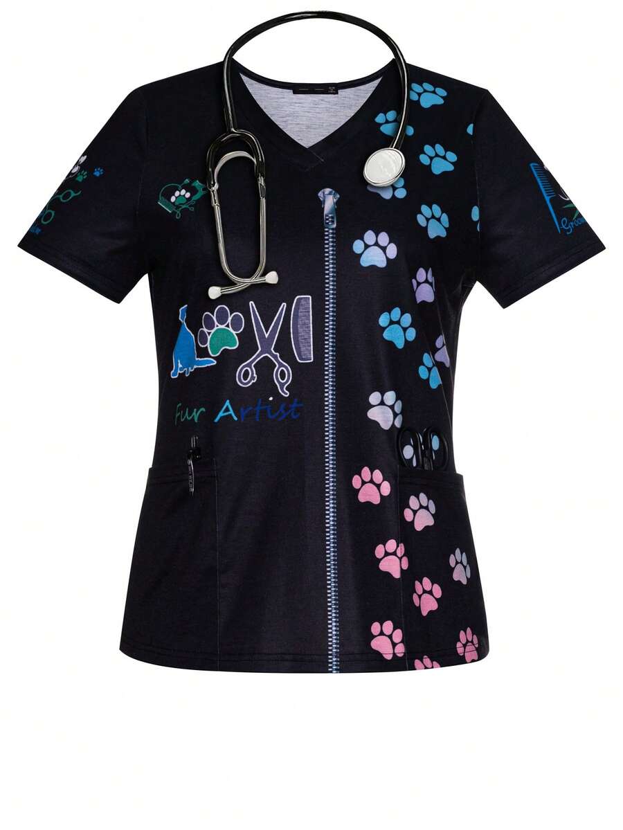 Uniformes de enfermera con cuello en V, manga corta, estampado de perros y huellas de patas, para primavera y verano, con bolsillos para mujeres - Multicolor - Ver 1