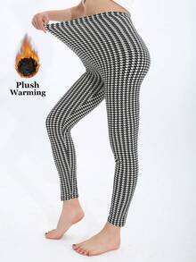Colanți pentru femei, cu căptușeală termică, alb-negru, la modă europeană și americană, casual, minimalist, elegant, cu elasticitate ridicată, călduroși, strâmți, cu imprimeu Houndstooth, potriviți pentru acasă, antrenament, yoga, fitness, plimbări în aer liber, petrecere, cadou, toamnă/iarnă - alb - Vizualizare 8