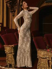 Mozision Lace Print Long Sleeve Sexy Maxi Dress For Women White Zipper Half High Collar Bodycon Fashion Elegant Long Dress - 白色 - 查看 6