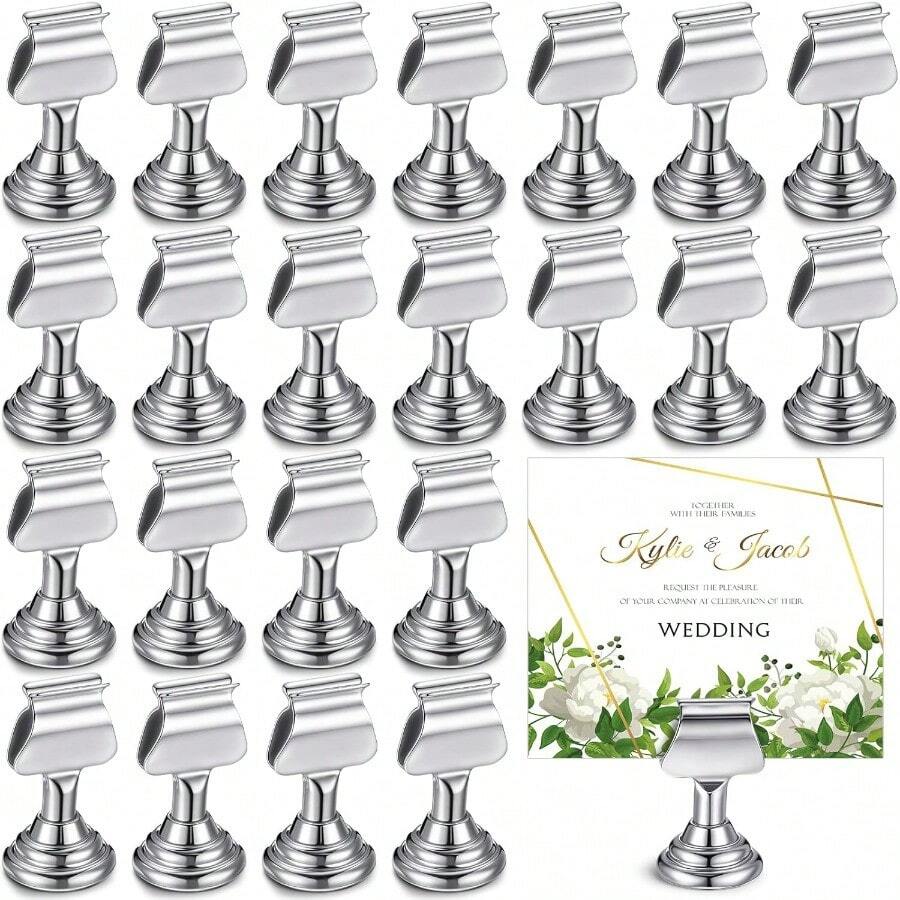 Kathfly 24 Pcs Metal Table Number Holders 1.7 Inch Silver Mini Place Card Holders Bulk HarpClip Table Sign Stands Card Holder Display Picture Memo Notes Menu For Weddings Restaurants Birthday Decor - 銀色 - 查看 1