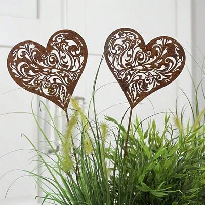 2pcs Rusty Metal Heart Silhouette Stakes - 7.87 Inch Farmhouse Garden Fence Decor, Iron Outdoor Decoration, Suitable For Wedding, Christmas, Valentine's Day, Thanksgiving, Anniversary - No Electricity Needed, Durable Metal Art, For Backyard And Garden, Garden Decor, Holiday Yard Decor, Decorative Garden Stakes, Weather-Resistant Decor, Rustic Outdoor Art, Metal Garden Decor, Rusty Metal Stakes, Metal Garden Christmas Stakes, Christmas Metal Decor, Garden Decorations