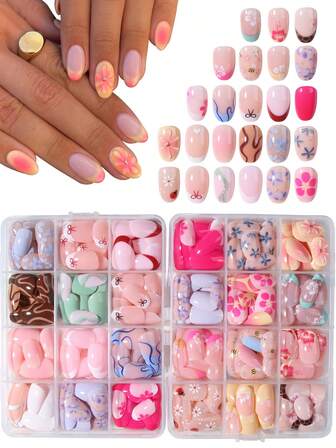 576pcs/Box (24 Mixed Styles) Short Oval Flower French Manicure Nail Stickers, Short Acrylic Nail Stickers, Full Coverage False Nails With Storage Box, Suitable For Women And Girls For Daily Life And Parties