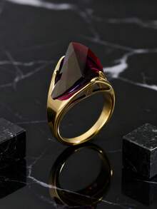 高品质镀金不锈钢合成红色宝石女士戒指，3D三角形红色宝石戒指，圣诞节和感恩节礼物 - 無色 - 查看 3