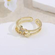 1pc Hollow Butterfly Double Layer Ring, Dainty Rhinestone Inlaid Adjustable Open Ring For Women