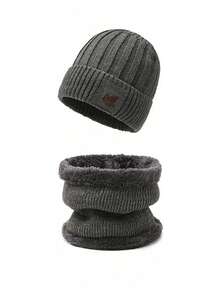 Set de 3 piezas de guantes, gorro y bufanda de lana tejida y forrada, adecuado para clima frío, unicolor, decoración casual de otoño