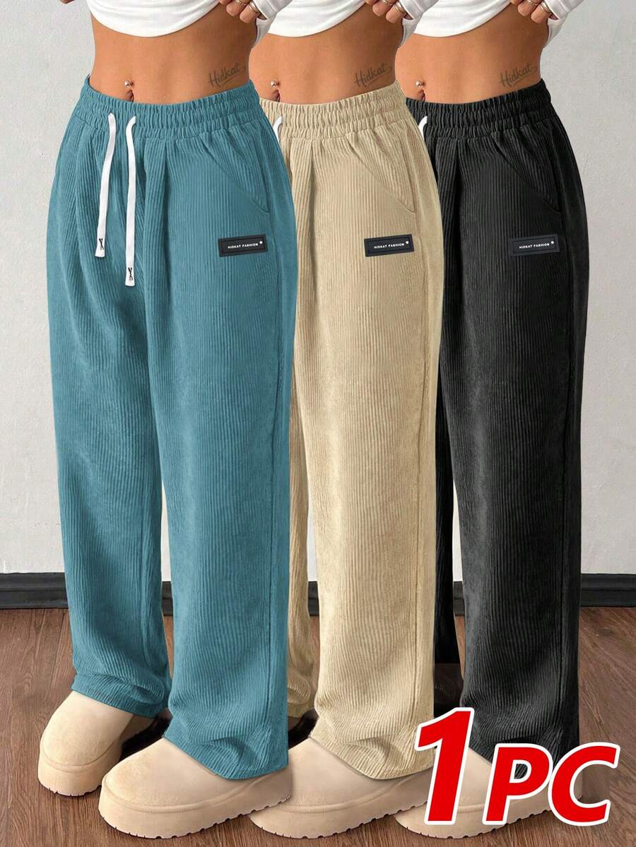 Hidkat Women's Corduroy Casual Straight Leg Pants, Solid Color Drawstring Vintage Pockets, Breathable & Comfortable, Suitable For Daily Activities, Autumn/Winter - Blue - View 1