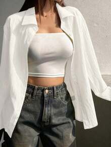 White Woven Casual Shirt, Mature & Innocent Style, Suitable For Dates, Daily Wear, Spring/Summer Outfits - White - View 2