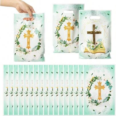 D50Pcs Cross Party Favor Bag Baptism First Communion Waterproof Goodie Bag With Die Cut Handles God Bl Church Religious Plastic Gift Bags For Birthday Baby Shower Decoration Plies