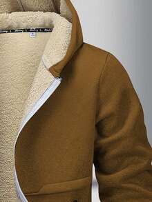 青少年冬季百搭简约罗纹袖口和下摆设计拉链口袋保暖内衬连帽运动衫夹克 - 棕色 - 查看 4