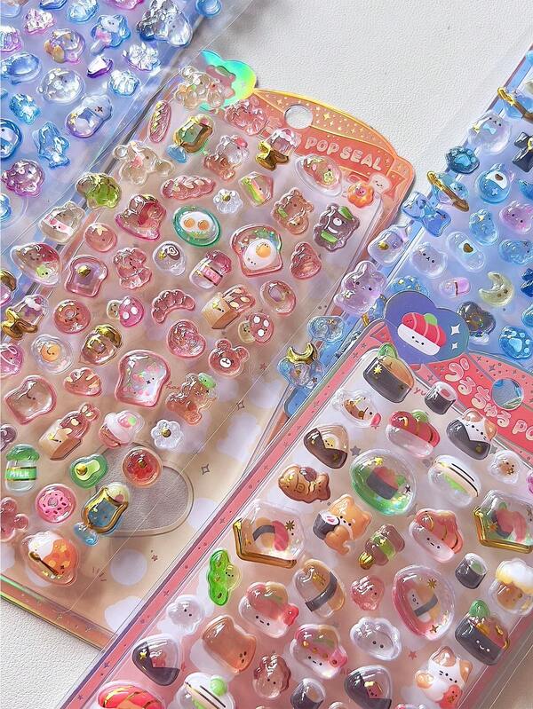 3D Embossed Stickers, Solid Cartoon Food & Animal Crystal Phone Case Decorative Stickers